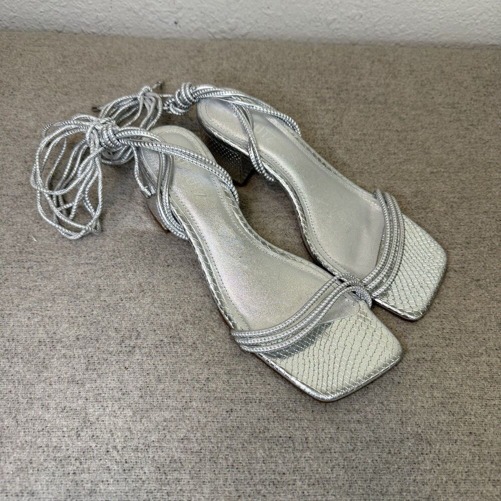 Revolve Schutz Thea Sandals Silver Block Heel Ankle Tie Party Wedding Women 7.5